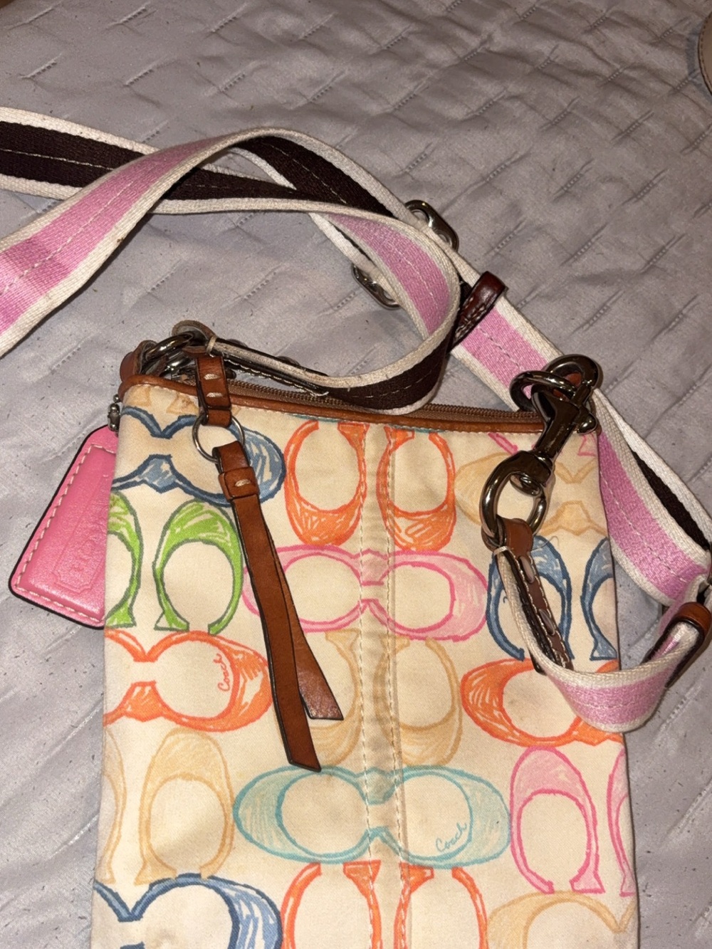 Coach Multicolor Signature Crossbody Bag with Pink and Brown Strap